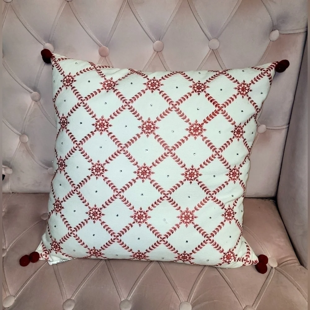 Enchanté Accessories White Red Embroidered Snowflakes Rhinestones Pompom Pillow